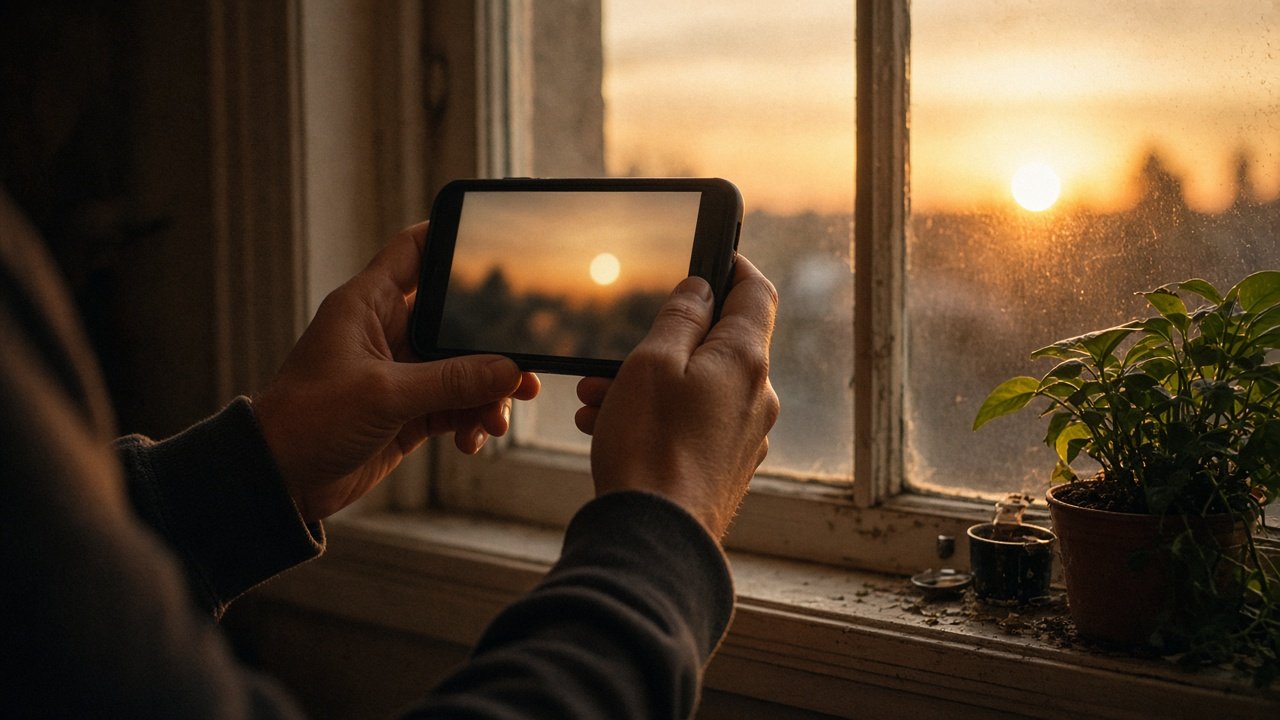 Hands holding a phone at sunset