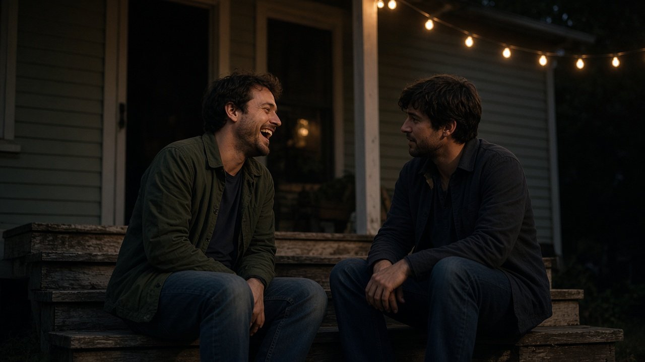 Two friends talking on a porch
