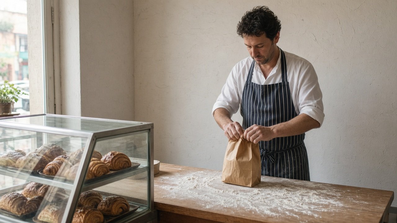 A baker tying a paper bag